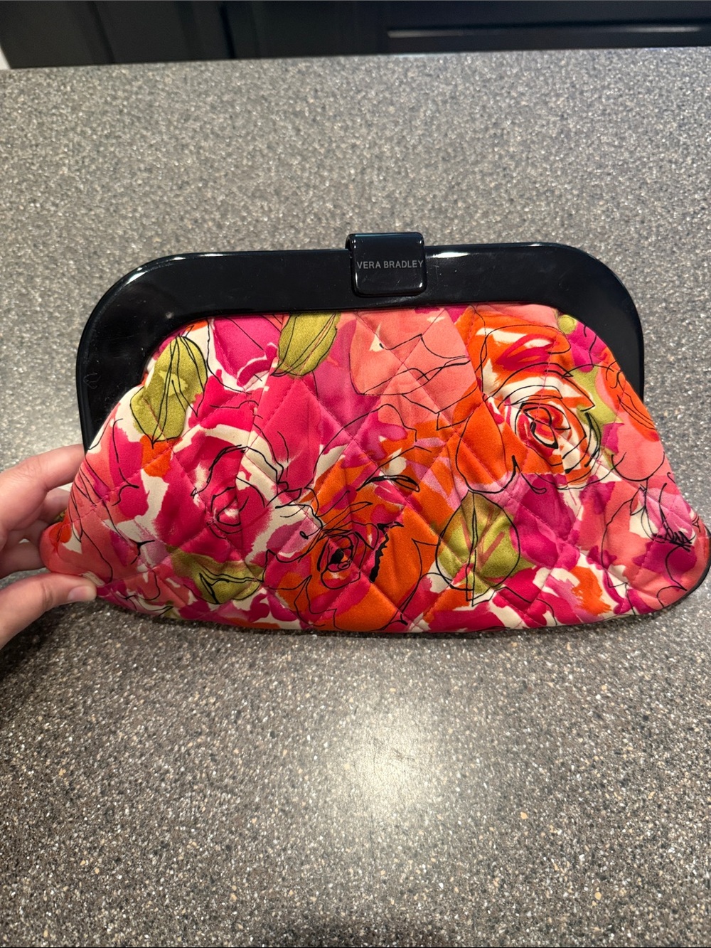 Vera Bradley Quilted Floral Clutch in Pink and Orange with Black Frame